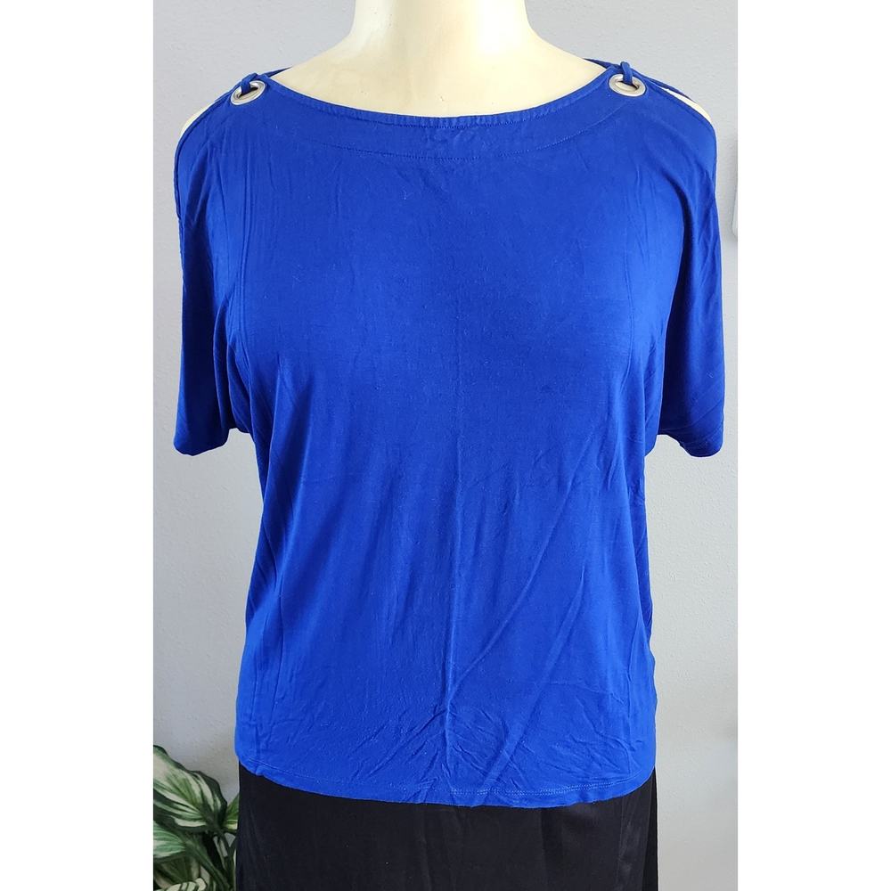 Cable & Gauge Cobalt Cold Shoulder Grommets Round Neck Knit Top Sz PXL EUC